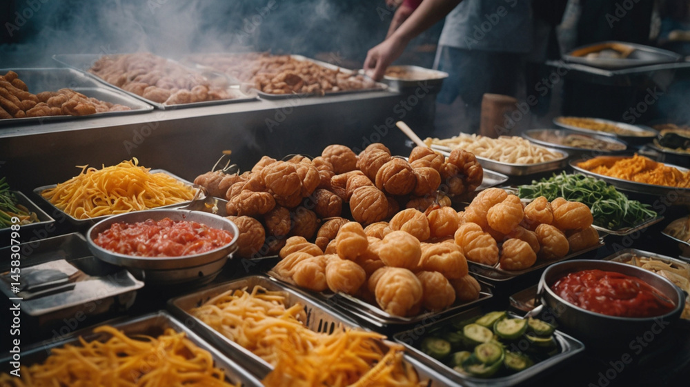 Fototapeta premium vibrant picture food and drink for theme Global Street Food Market