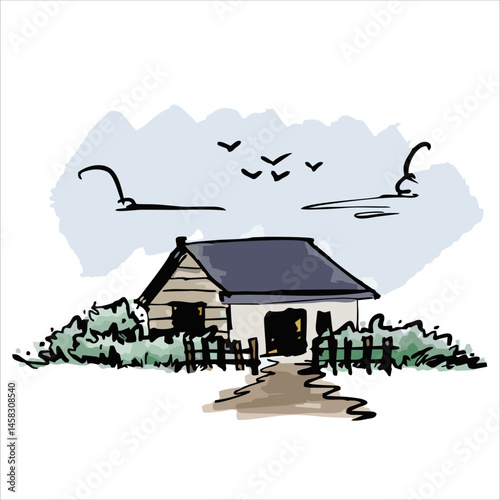 Hand-Drawn House Illustration – Home with  Bushes, and Birds. Good for cover book or book illustration, postcard and greeting card
