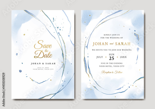 Blue and gold abstract watercolor wedding invitation template