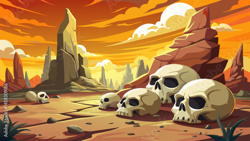 Bleached skulls rest among wind-worn stones in a cursed, sun-scorched valley