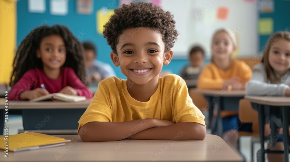 Smiling schoolchild at desk in classroom setting