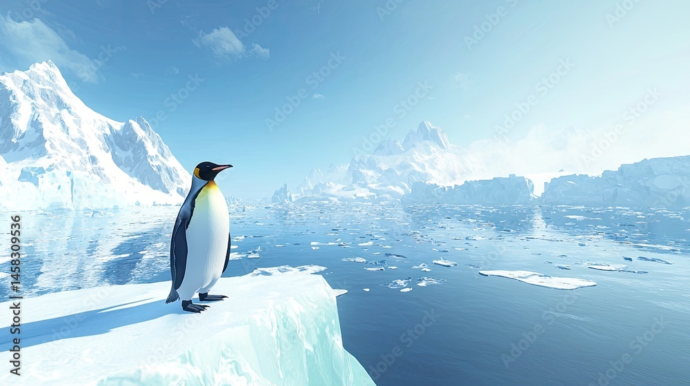 Obraz premium Solitary penguin on a frozen arctic landscape.