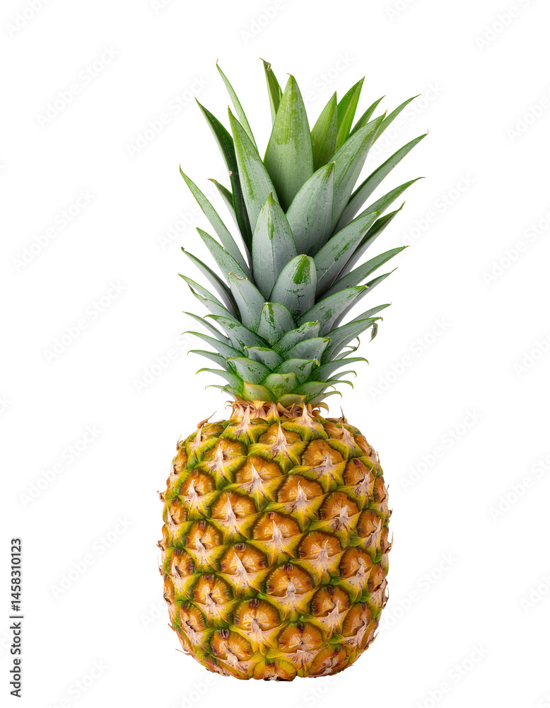 A whole pineapple with green spiky leaves on a white background A whole pineapple with green spiky leaves on a white background