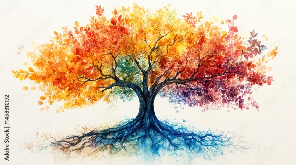 Obraz premium Vibrant Seasons Tree: A Watercolor Masterpiece