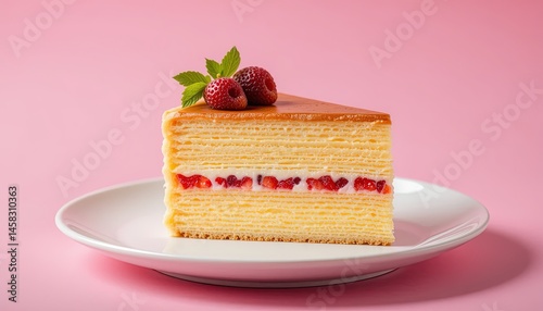 Sweet slice of layered cake with berries. photo