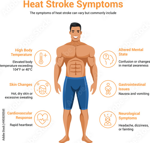 Heat Stroke Symptoms: A visual guide illustrating the various symptoms of heat stroke, including elevated body temperature, skin changes, cardiovascular responses, altered mental state.