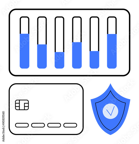 Bar graph, credit card chip, shield with check mark emphasize data analysis, financial security, and trust. Ideal for finance, payment systems, online security, fintech banking digital wallets