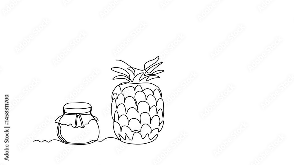 abstract jar of pineapple, ananas jam,  Self drawing animation one continuous line draw, logo