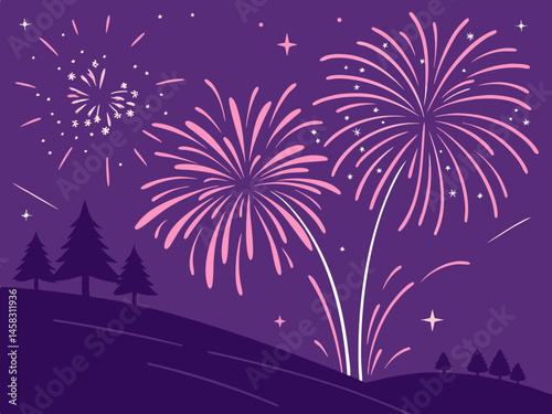 Fireworks explode in a vector illustration celebrating a festive night sky