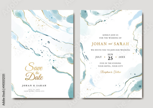 Watercolor wedding invitation template with ocean blue and gold abstract