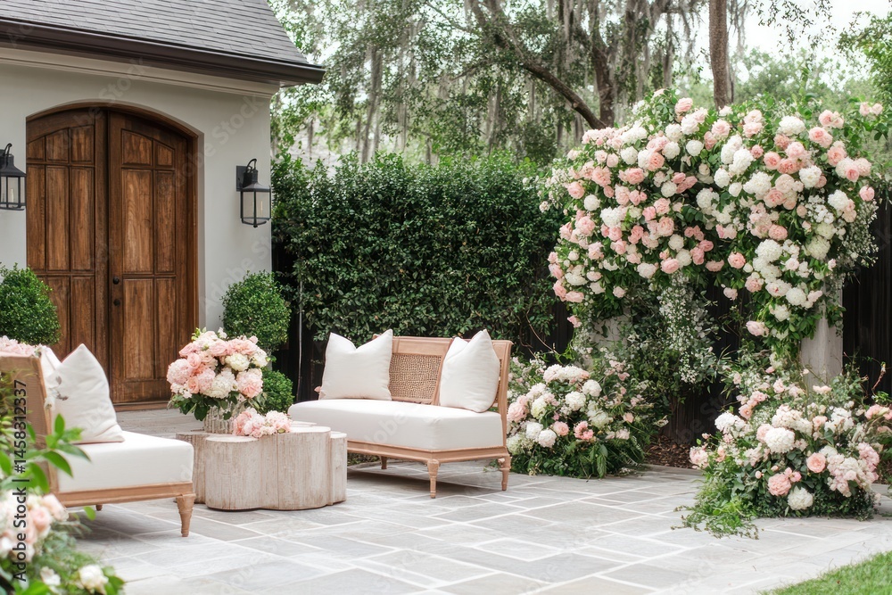 Fototapeta premium lush backyard garden with pastel pink and white floral bunches