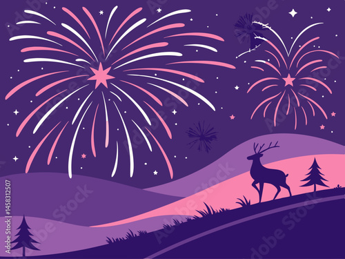 Christmas night landscape illustration features a deer silhouette against a moonlit sky in a wild, forested nature scene