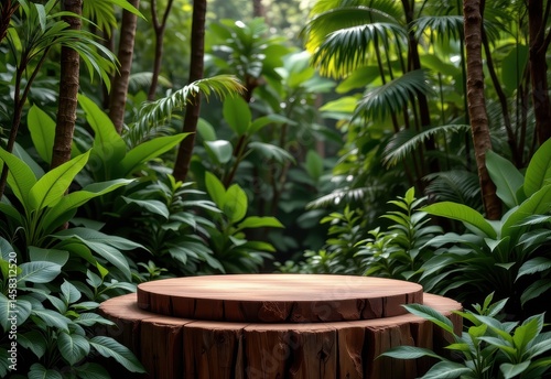 wooden podium in tropical forest for product presentation and green background.