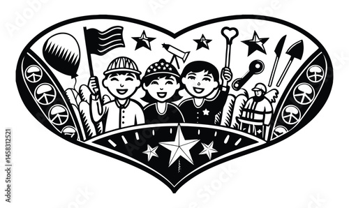 "Labor Day Kids Heart Art – Black and White Patriotic Worker Illustration"