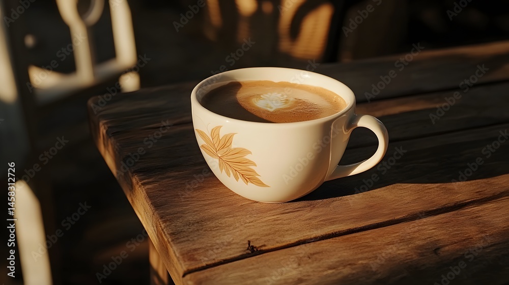 Obraz premium Golden Hour Latte Art Coffee in Cup on Wooden Table