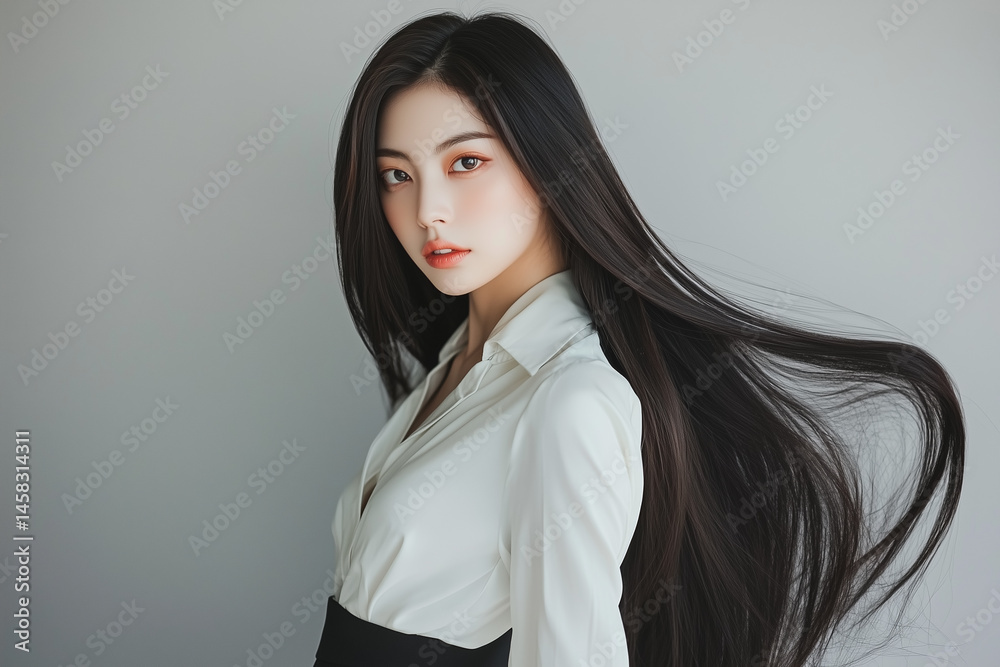 Fototapeta premium Beautiful 20-Year-Old Korean Female with Glossy Black Hair Styled Flawlessly in a Chic White Blouse and Black Trousers.