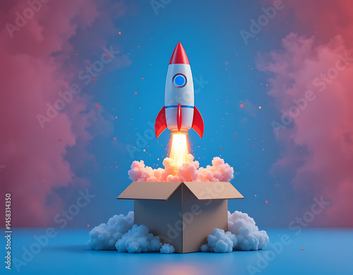 A creative generative AI image of a rocket launching from a cardboard box against a blue background, symbolizing innovation, startup ideas, imagination, and thinking outside the box.