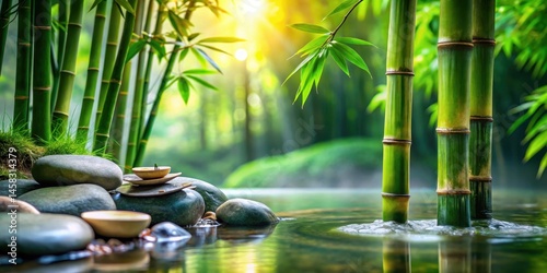 Serene water features with bamboo stems and lush greenery surrounded by Zen stones in a natural setting, serene, greenery