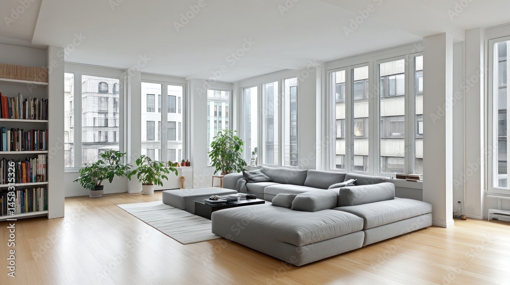 Fototapeta premium Spacious, bright interior living room with modern furniture.