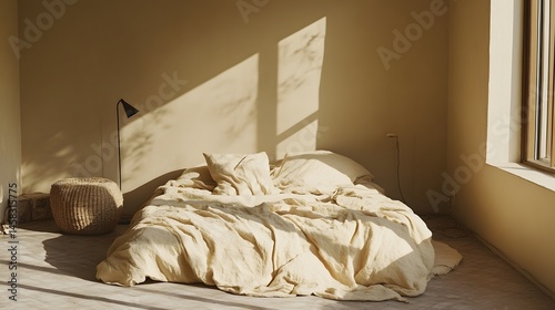 Serene Beige Linen Bedroom Scene Sunlight