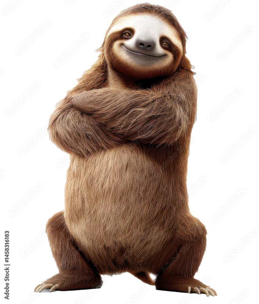 Fototapeta premium Friendly cartoon sloth squatting with folded arms isolated on white background. 