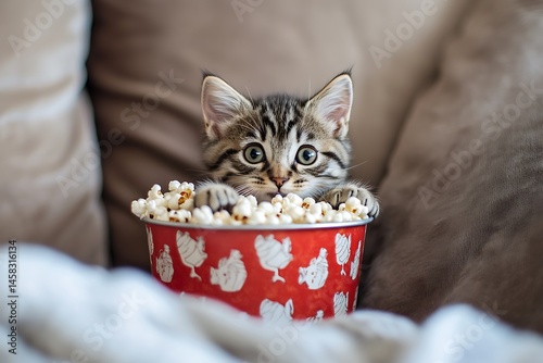 kitten in a basket of popcorns