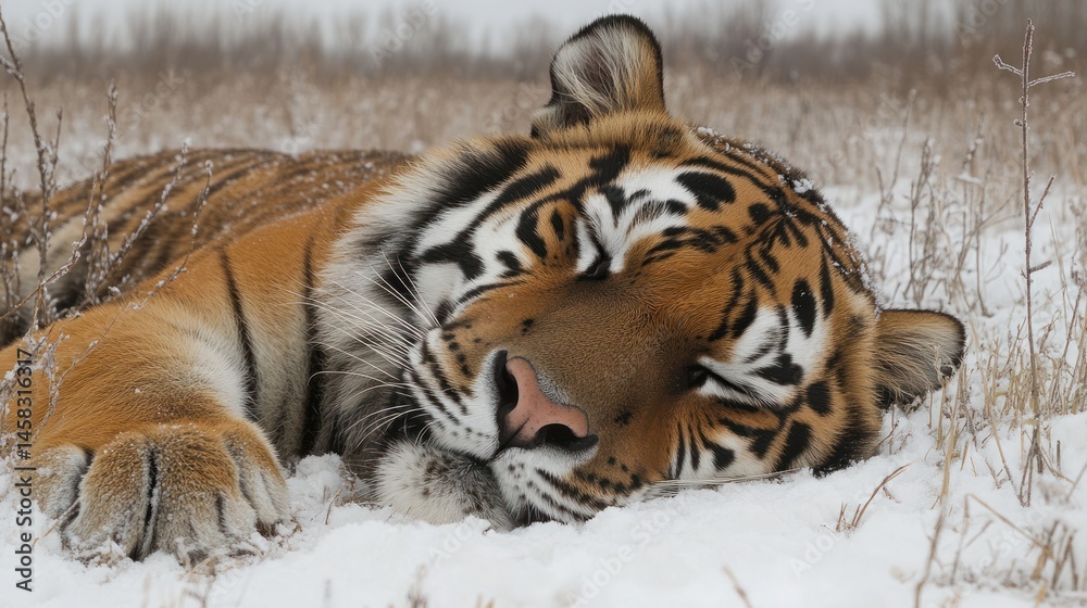 Obraz premium Majestic Siberian Tiger Resting in Winter Wonderland