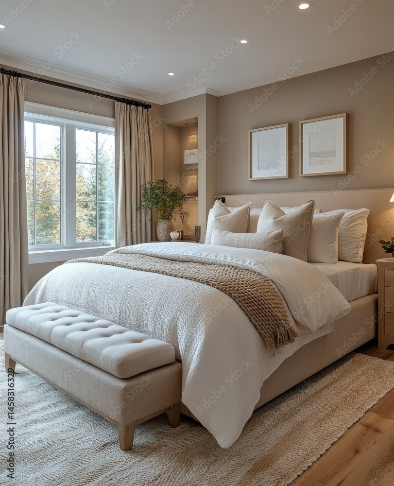 Fototapeta premium Luxurious bedroom, beige tones, large window, autumn trees