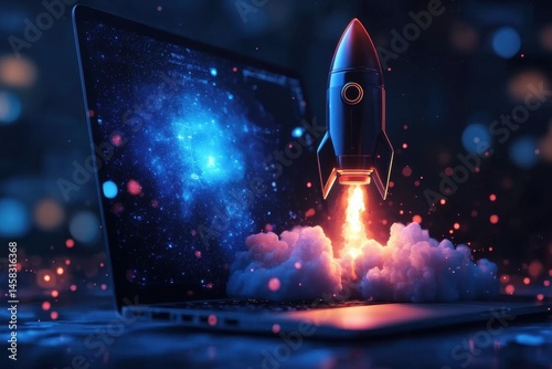Glowing rocket ship launches from laptop screen into a cosmic universe, A glowing rocket ship launches from a laptop screen, symbolizing business growth and innovation