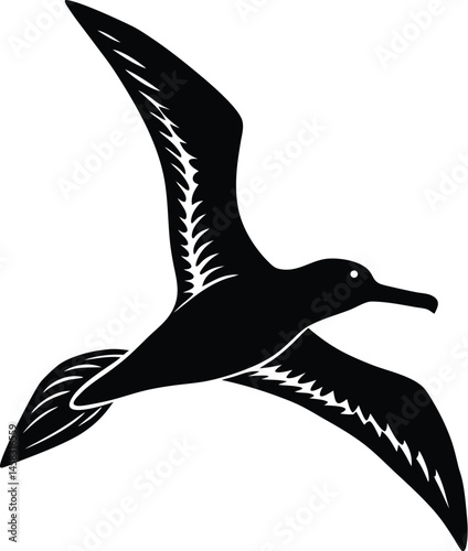 Minimalistic vector silhouette of a flying albatross in gliding motion on white background ideal for air ocean or travel design