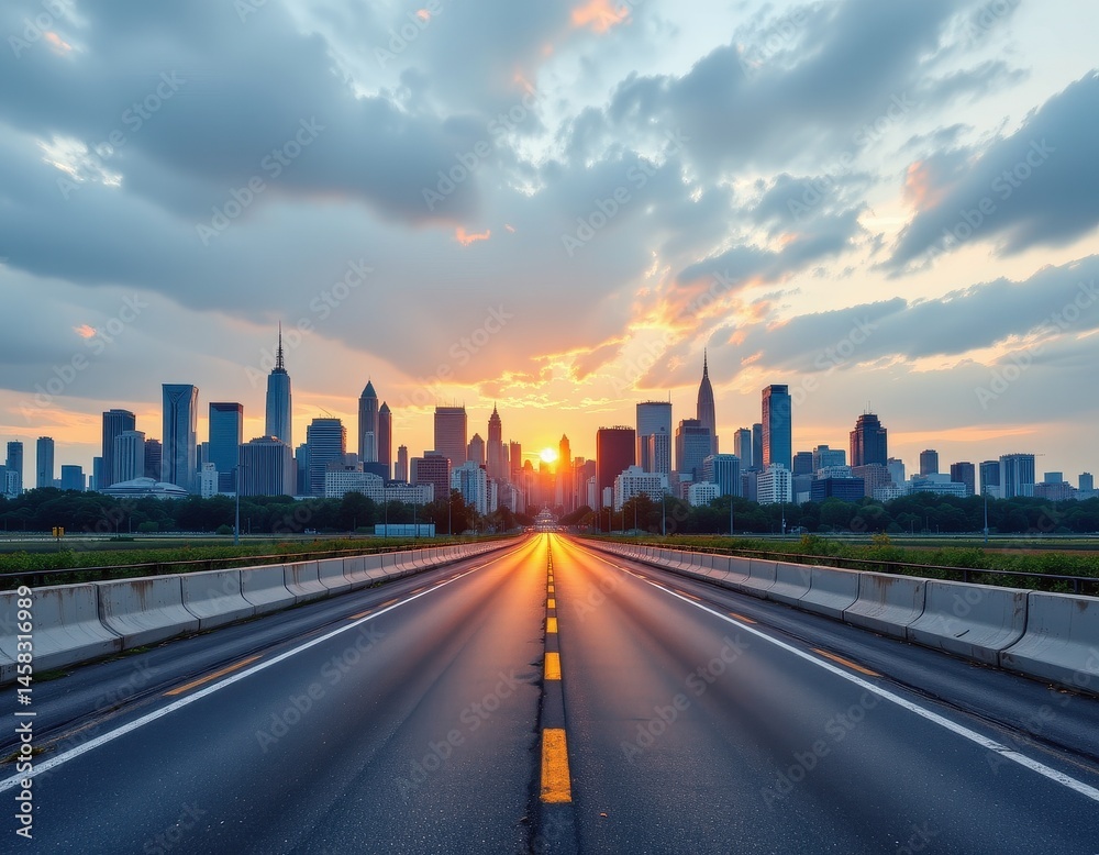 Fototapeta premium concrete road with city skyline commercial building background, illustration for product presentation template