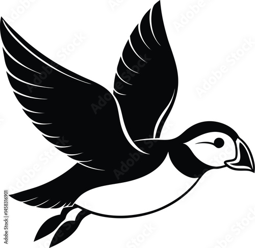 Minimalistic vector silhouette of a flying puffin with beak forward on white background perfect for coastal bird or arctic wildlife design