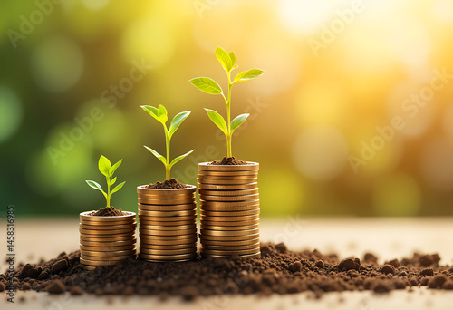 Stacked gold coins increasing in height, each topped with a growing green plant. Represents sustainable investment, eco-friendly financial growth, and environmentally conscious wealth accumulation. 