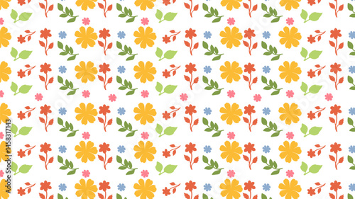 Floral pattern with orange and yellow flowers and green leaves
