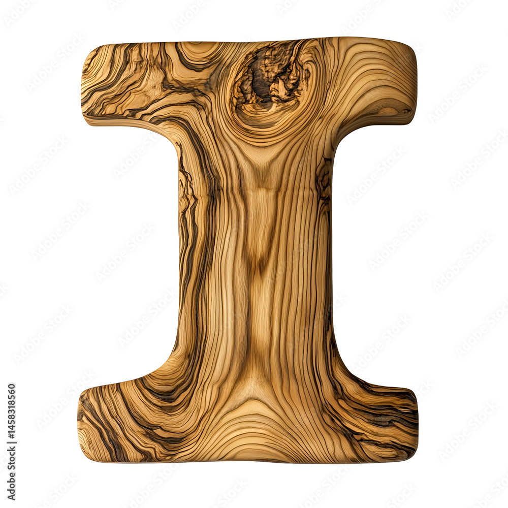 Fototapeta premium Top view of a 3D letter I made of Ash wood isolated on a white transparent background.