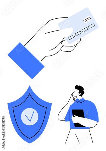 Hand showcasing credit card, secure shield with checkmark, thoughtful man with tablet. Ideal for online commerce, financial security, identity protection, decision-making, technology, payment