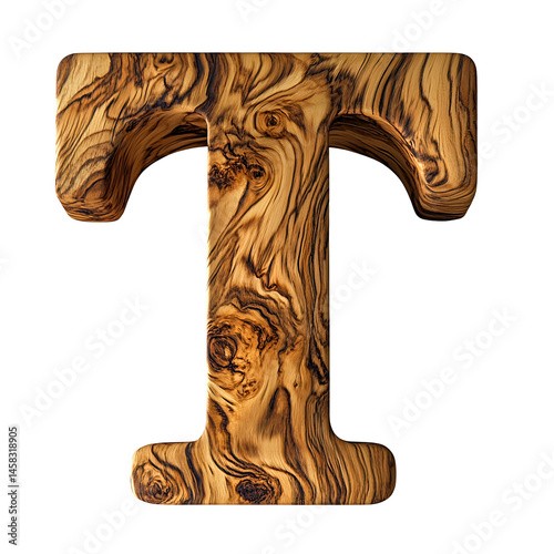 Top view of a 3D letter T made of Ash wood isolated on a white transparent background. photo
