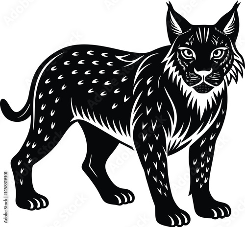 Minimalistic vector silhouette of a prowling lynx with tufted ears on white background great for stealth or mountain wildlife themes