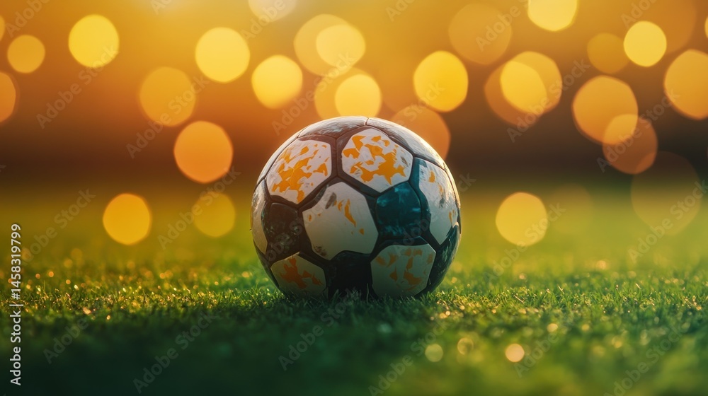 Fototapeta premium Soccer Ball on Grass at Sunset