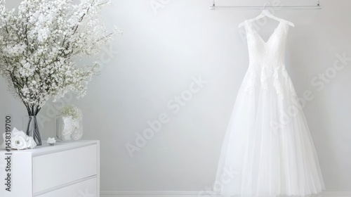 Elegant White Wedding Dress Hanging in a Minimalist Room