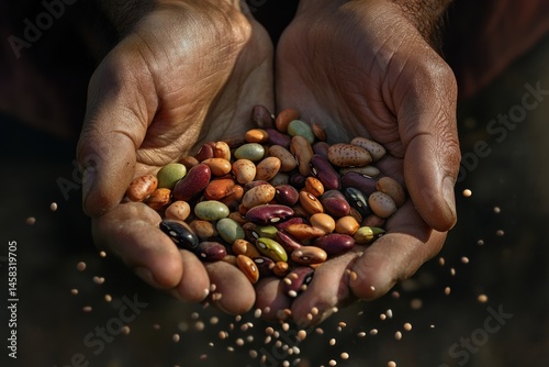 macro view of legumes dropping into cupped hands, photoreal hand detail photo