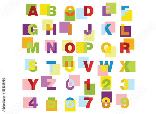 alphabet for children. Kids learning material. Card for learning alphabet and numbers. color alphabet and numbers in square
