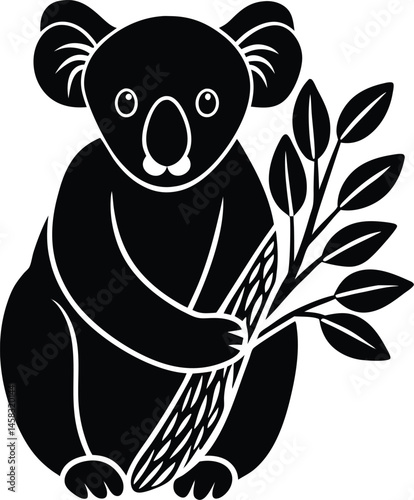 Minimalistic vector silhouette of a sitting koala hugging a branch on white background perfect for cute forest or eucalyptus tree themes