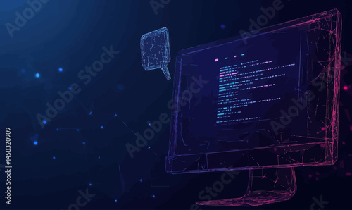 Futuristic Artificial Intelligence Interface in Low Poly Wireframe Style on Dark Blue