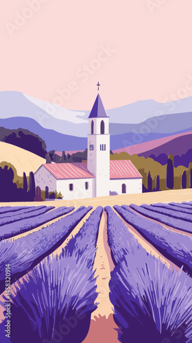 Provence France Retro Travel Poster with Lavender Fields and Church Landscape Art