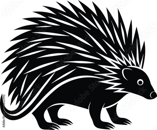 Minimalistic vector silhouette of a standing porcupine with raised quills on white background perfect for forest defense theme
