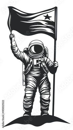 Astronaut Holding Flag Black and White Engraving Vector Illustration