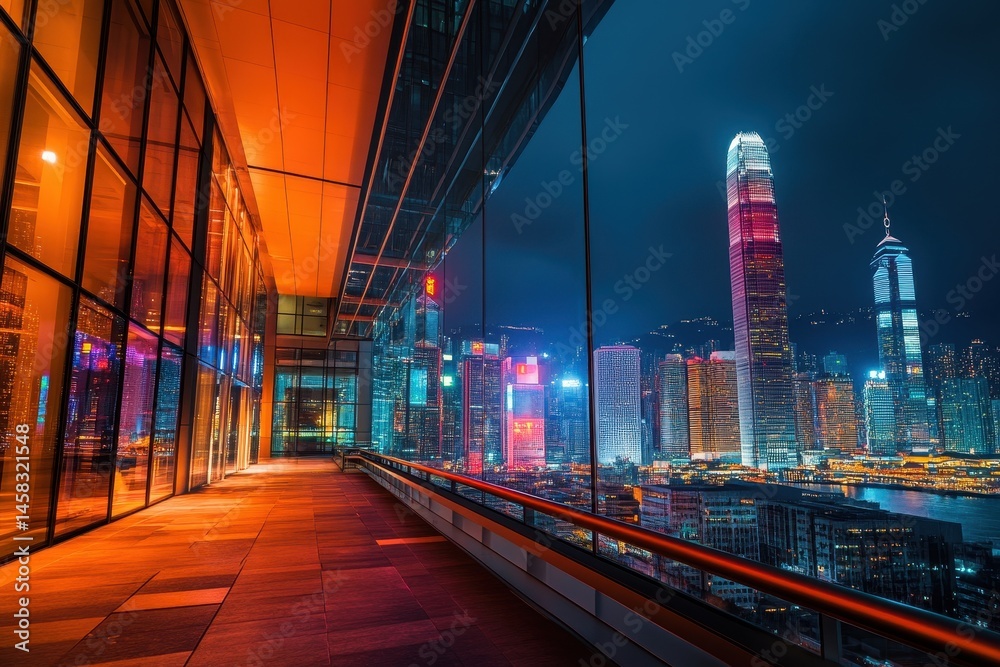 Fototapeta premium Night view of modern urban architecture in downtown city showcasing vibrant skyline and contemporary design, City downtown night view Modern urban architecture and high skyscrapers of Hong Kong