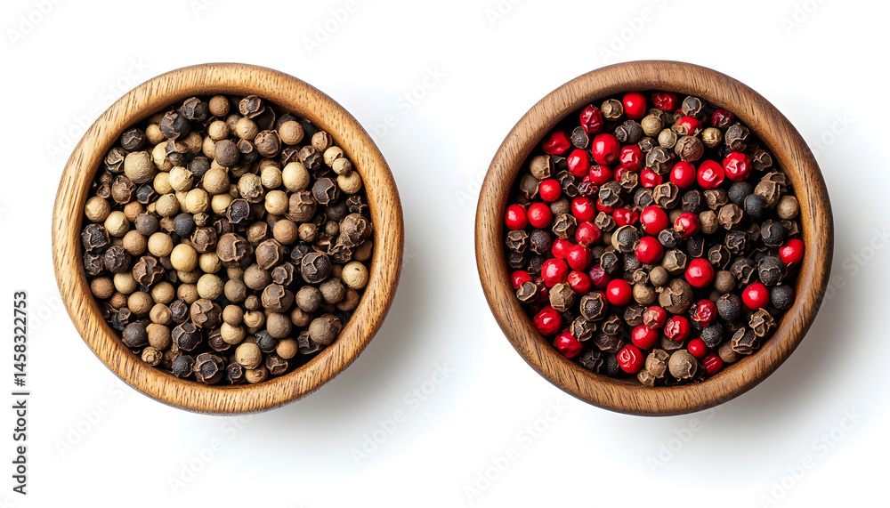 Peppercorn and milled pepper in wooden bowl isolated on white, top view