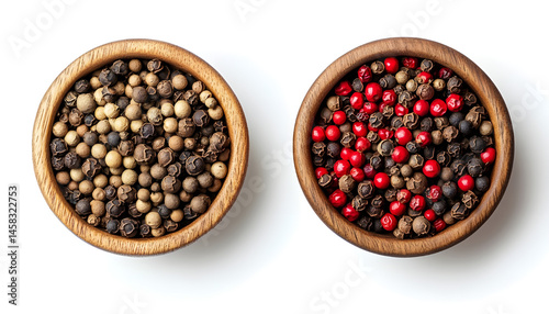 Obraz na płótnie Peppercorn and milled pepper in wooden bowl isolated on white, top view w salonie